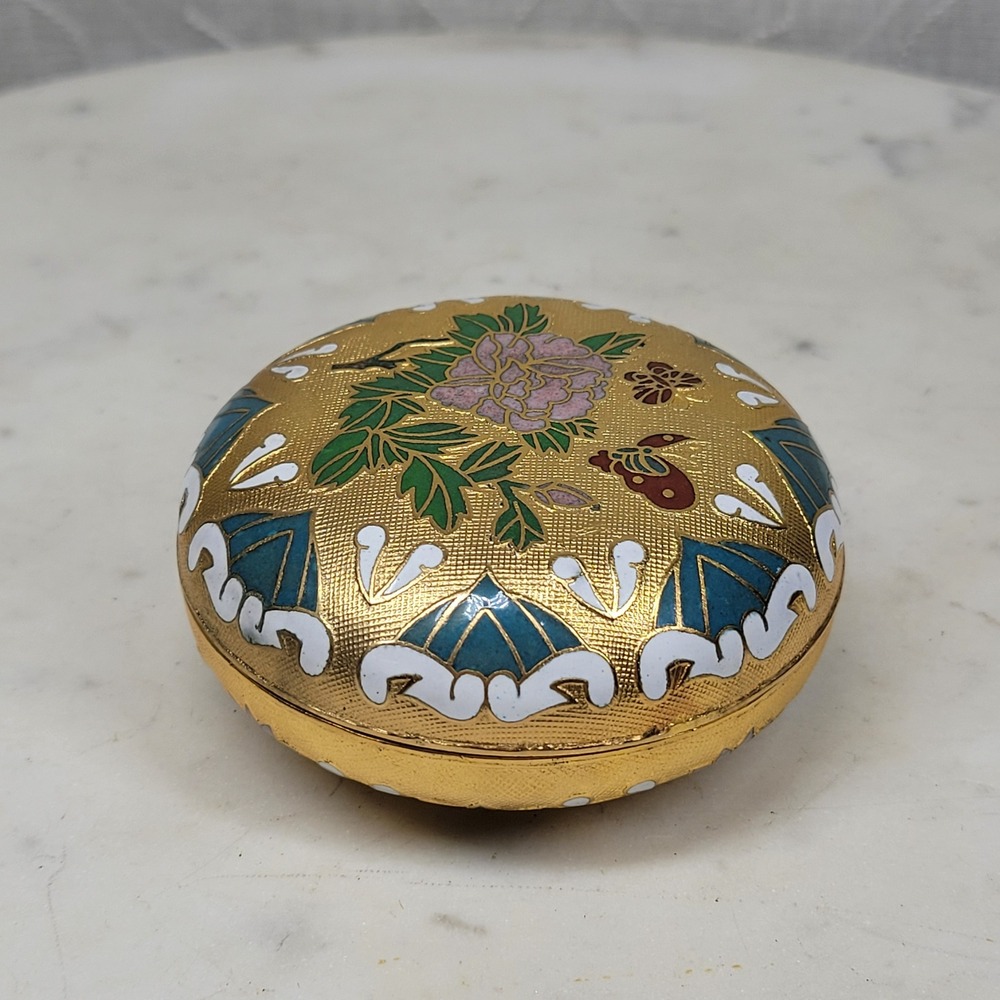 VTG Cloisonne Floral Butterfly Trinket Box Brass Enamel Interior Round Keepsake